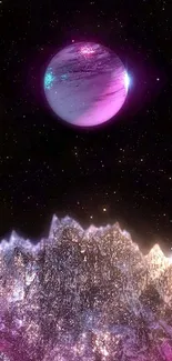 Mobile wallpaper showing a purple planet over a glowing alien landscape.