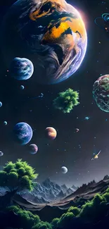 Colorful cosmic wallpaper with planets and stars