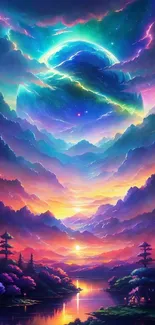 Vibrant cosmic landscape with surreal colors and mystical mountains.