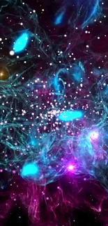 Vibrant cosmic lights wallpaper with blue nebulae and stars for mobile phones.