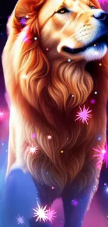 Majestic cosmic lion with vibrant colors in a galaxy-themed wallpaper.