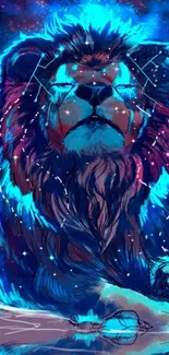 Vibrant cosmic lion digital art in blues and purples for mobile wallpaper.