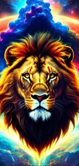 Majestic lion with vibrant cosmic neon colors.