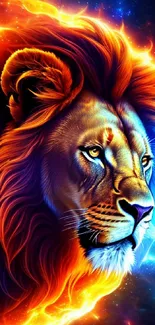 Majestic cosmic lion art with fiery colors for mobile wallpaper.