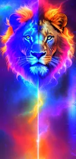 Vivid cosmic lion art in fire and ice hues for mobile wallpaper.