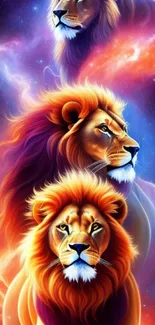 Cosmic lions on a vibrant galaxy backdrop with vivid colors.