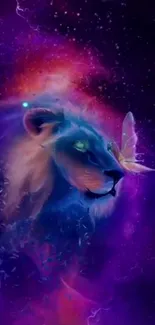 Cosmic purple lion with butterfly glow.