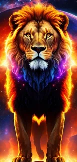 Cosmic lion with vibrant colors and a galaxy backdrop.