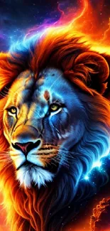 Majestic lion with cosmic fiery mane in space-themed background.