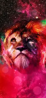 A majestic lion portrait with cosmic colors and vibrant galaxy background.