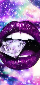 Purple lips with diamond on galaxy background.