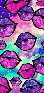 Vibrant cosmic lips with galaxy background.