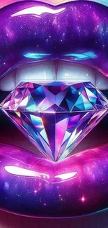 Vibrant cosmic lips with a sparkling diamond and galaxy backdrop.