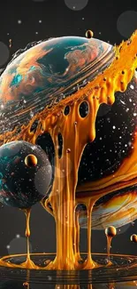 Cosmic wallpaper featuring vibrant planets with liquid orange splashes.