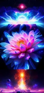 Vibrant cosmic lotus with galaxy backdrop.