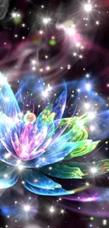 Vibrant cosmic lotus flower with glowing colors in space.