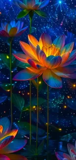 Glowing lotus flowers in starry night.