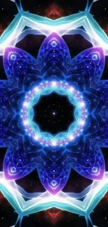 Vibrant cosmic mandala with blue and purple fractal design.