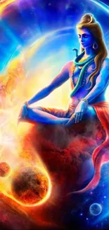 Vibrant cosmic meditation art mobile wallpaper with blue and orange hues.