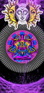 Psychedelic cosmic art with sun and meditation figure in vibrant hues.