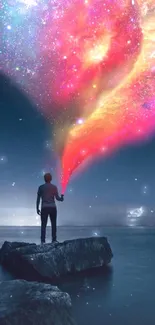 Person on rock under vibrant cosmic sky with colorful light.