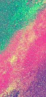 Vibrant cosmic mobile wallpaper with pink, green, and yellow swirls.