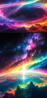 Vibrant cosmic wallpaper with colorful galaxy and sunrise.