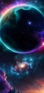 Vibrant cosmic wallpaper with planet and galaxy for mobile screen.