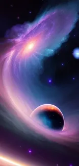 Vibrant cosmic wallpaper with swirling nebula and glowing planets