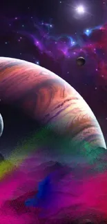 Vibrant cosmic wallpaper with planets and nebula scene.