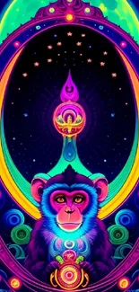 Vibrant cosmic monkey in neon hues on a black background.