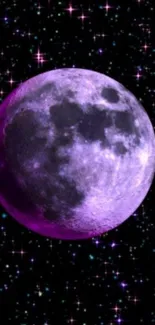 Vibrant purple moon with a starry cosmic background.