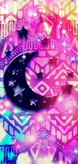 Vibrant cosmic wallpaper with moon and stars design.