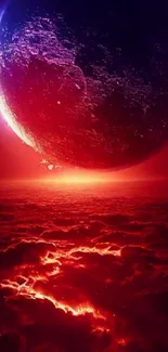 Crimson-hued moon over celestial landscape, emitting vibrant glow.