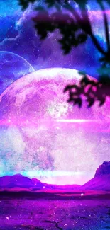 Moon under a vibrant purple galaxy sky with silhouetted tree branches.