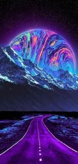 Neon mountains with a colorful cosmic sky in a fantasy wallpaper.