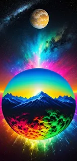 Vibrant cosmic scene with mountains and colorful universe background.