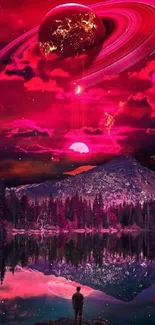 Vibrant cosmic landscape with planets and mountains in pink hues.