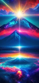 Vibrant cosmic mountain scene with a galaxy background and radiant colors.