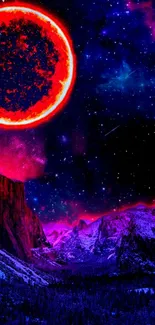 Vibrant cosmic scene with red sun over purple mountains.