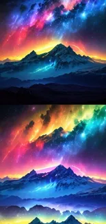 Colorful cosmic mountain wallpaper with vibrant auroras and starlit sky.