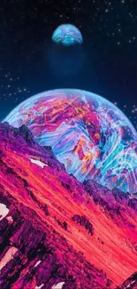 Vibrant neon mountain with swirling planets against a starry sky.