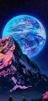 Vibrant neon mountain with cosmic backdrop and swirling blue planet.