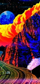 Surreal cosmic mountain with vibrant colors and galaxy backdrop.