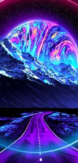 Vibrant cosmic mountain with neon colors and a starry sky.