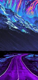 Vibrant cosmic mountain landscape with a purple road under an alien sky.