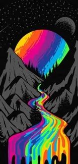 Vibrant cosmic scene with rainbow river and mountains.