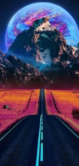 Surreal mountain road leads to a glowing blue planet in a vibrant cosmic landscape.