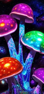 Colorful cosmic mushrooms with a vibrant and psychedelic starry background.