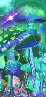 Vibrant cosmic mushroom art with planets and green hues.